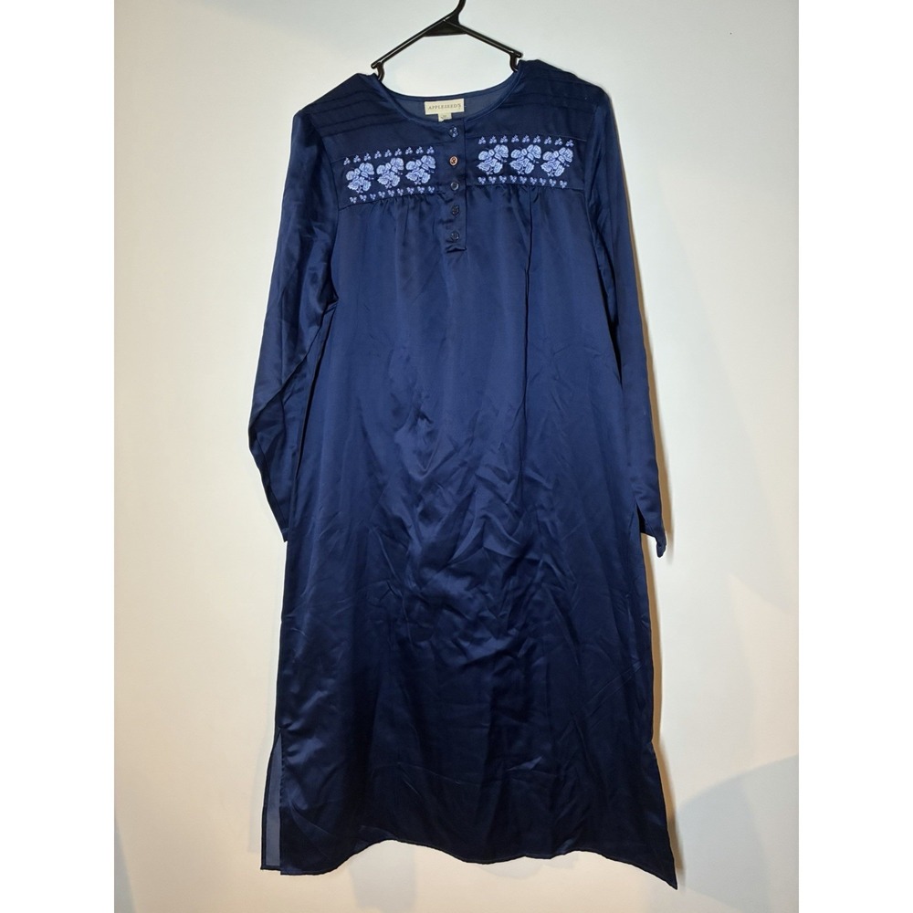 Womens Navy Blue M Embroidered Pintucked Lounge Night Gown APPLESEEDS Grannycore